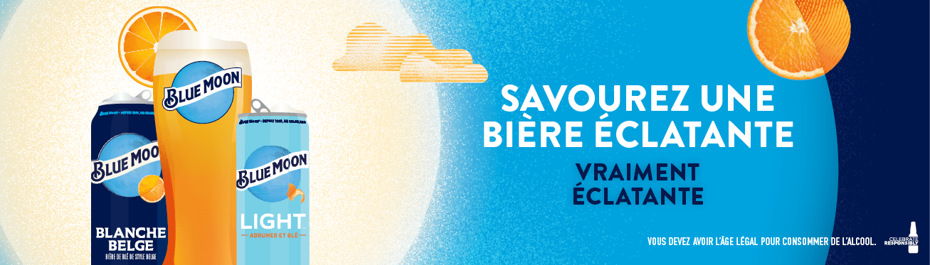 enjoy a brighter brew text banner with blue moon cans on a side